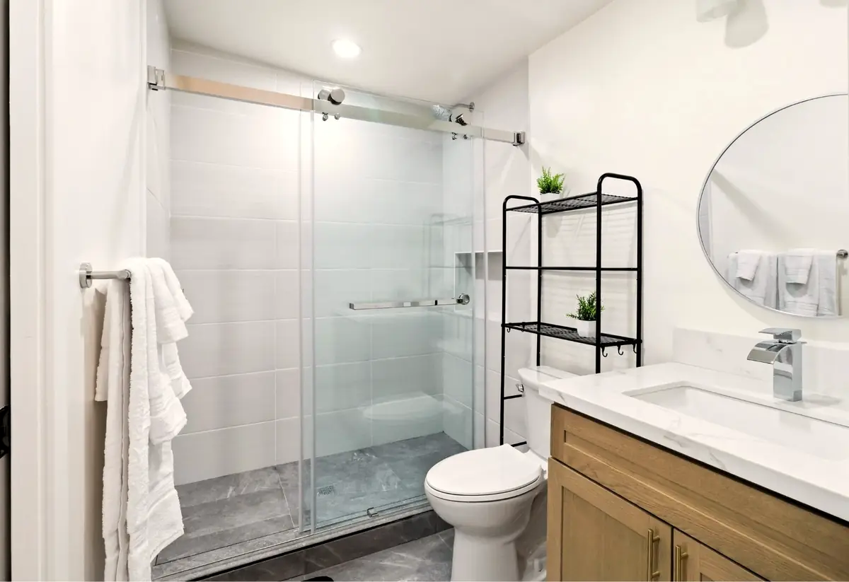 Bay Ho garage conversion — bathroom with glass shower