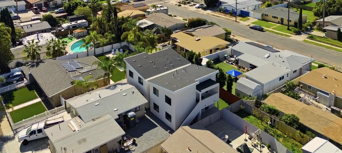 Clairemont 6-unit bonus ADU project — aerial exterior